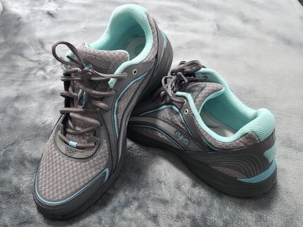 Ryka Sky Walk Women's Gray/Blue Mesh Lace-Up Memory Foam Walking Sneakers